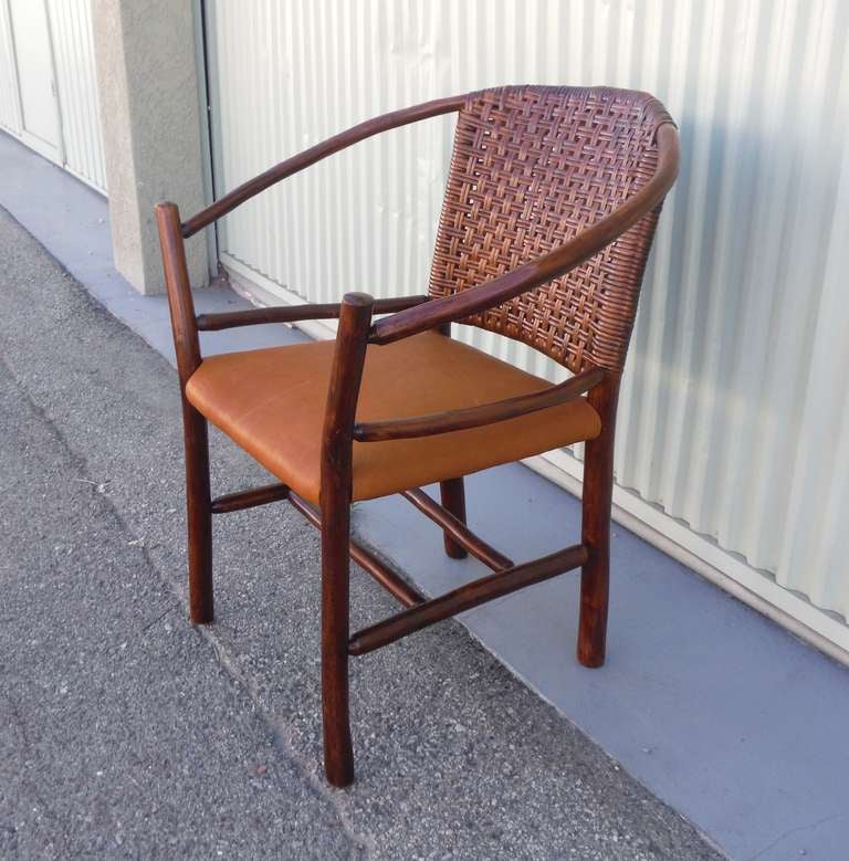 1930's Old Hickory Barrel Back Side Chair W/ Leather Seat In Excellent Condition In Los Angeles, CA