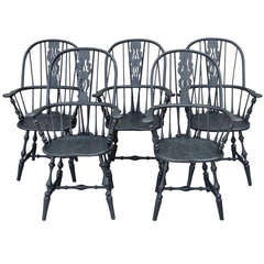 Set of 5 Original Black Painted Brace Back Windsor Chairs