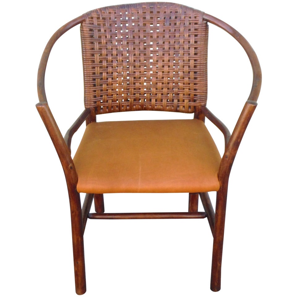 1930's Old Hickory Barrel Back Side Chair W/ Leather Seat