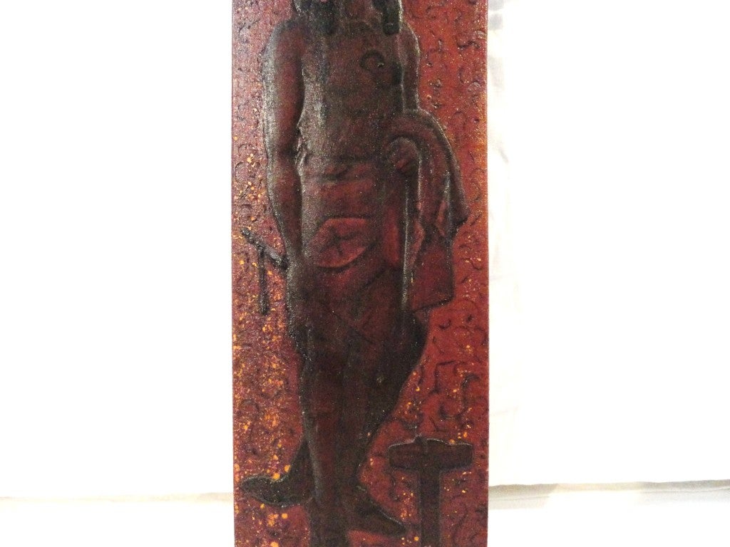 Original bemalte und geschnitzte indische Plakette des 19. Jahrhunderts, 19. Jahrhundert (Kiefernholz) im Angebot