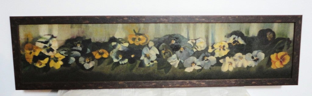 19thc Fantastic oil painting of pansy's on board in a newer frame in great condition.The grungy surface is the bast on this early painting.Some would call this a yard long painting, yet it is all hand painted and unsigned.Great mix of colors in the