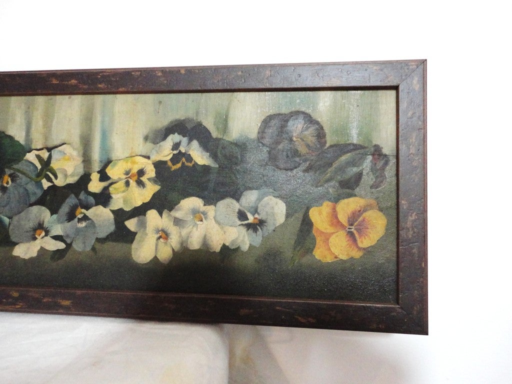 American 19thc Original Oil Painting Of Pansy's on Board in Painted Frame