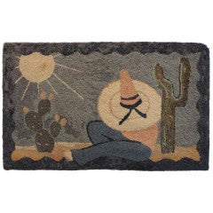 Folky American Hand Hooked Mounted Rug Of The Mexican Siesta !