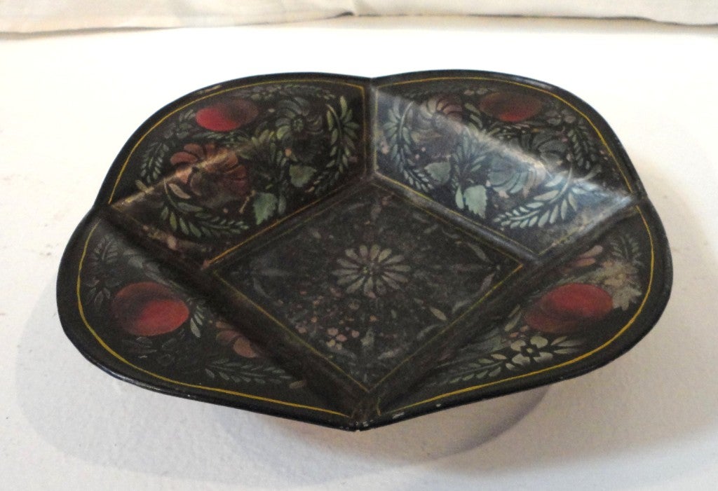 Rare and early original paint decorated and stenciled 19thc tole ware apple tray with apples and floral stenciled throughout.Great condition with a collectors label on the back.