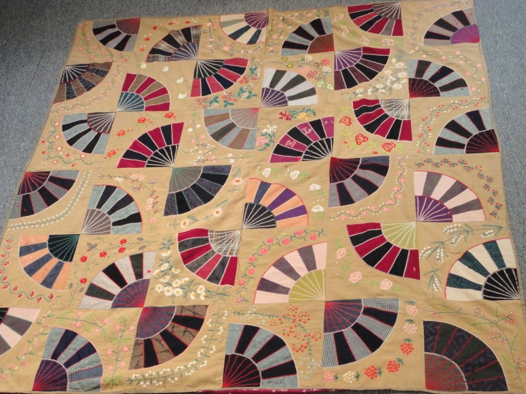 Fantastic 19thc  Embroidered Wool Fans Quilt From Pennsylvania