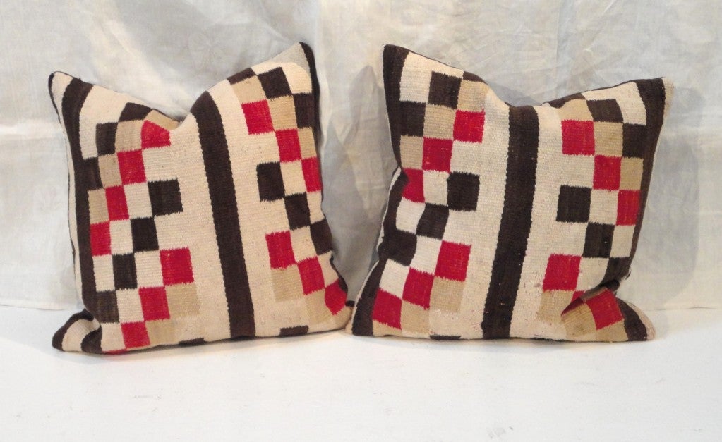 Pair of Navajo Indian Weaving Pillows With Brown Linen Backing