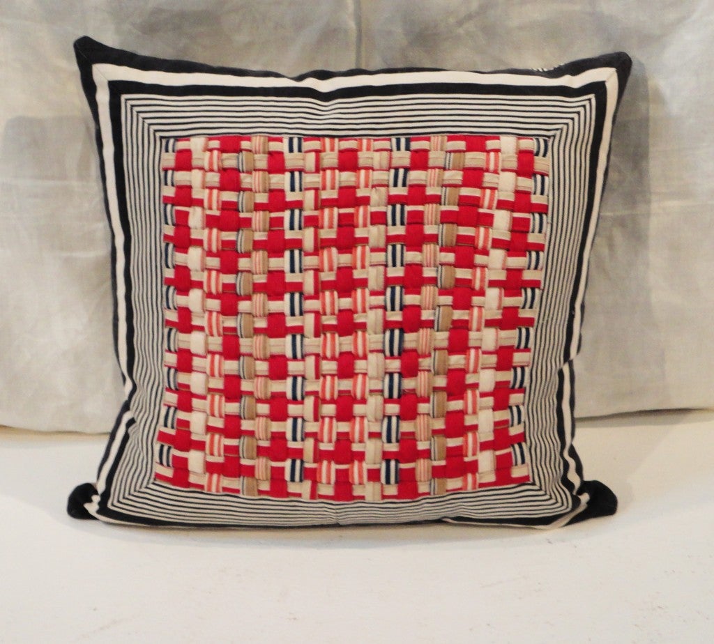 American 19THC Ticking Basket Weave Pillows
