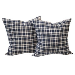 19thc Lg. Plaid pair of Homespun Linen Pillows w/ Monogram Back