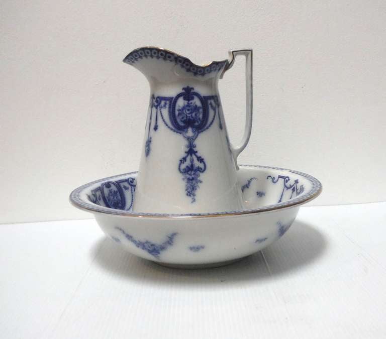 ironstone blue pitcher and bowl