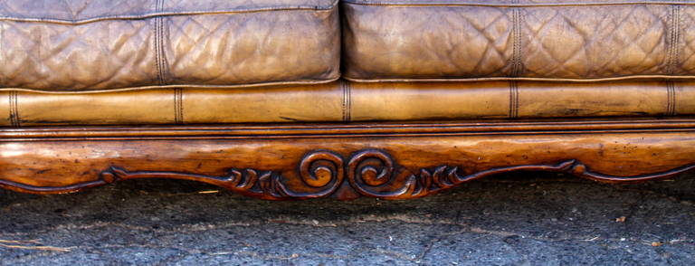French Monumental Distressed Leather and Carved Wood Sofa