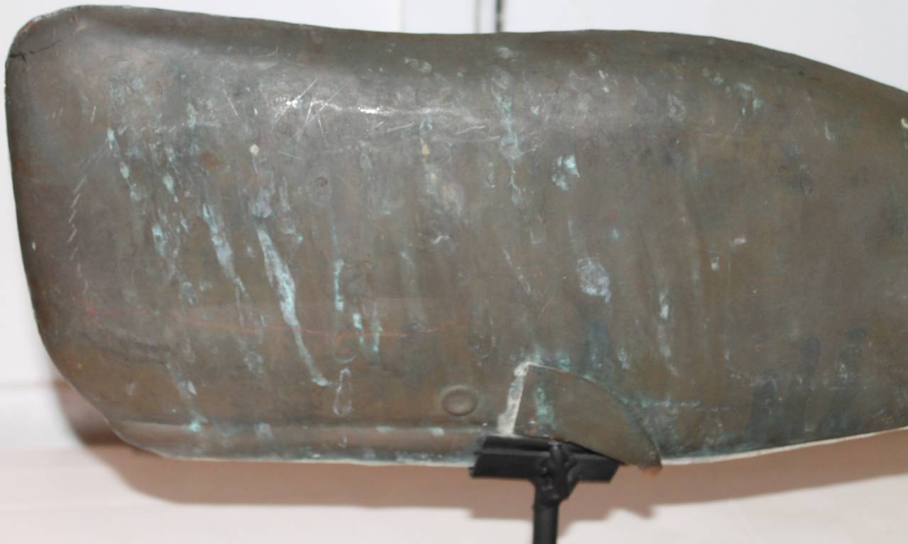 This weather vane is made from copper and has been mounted on a steel base. Originally from the east coast, this weathervane was made in New England which is very famous for their whale watching tours and sites. New England is also famous for their