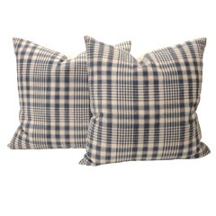 Pair Fantastic Light Blue & White 19thc Homespun Linen Pillows