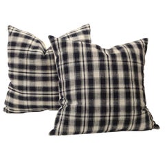 Pair of 19thc Blue & White Homespun Woven Linen Pillows