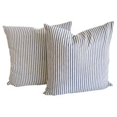 19th Century Blue and White American Stripe Ticking Pillows