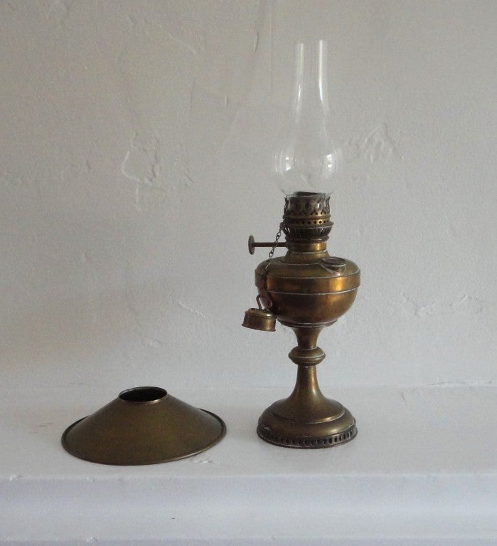 American Fine Early 19thc Brass Oil Lamp With Original Glass Globe