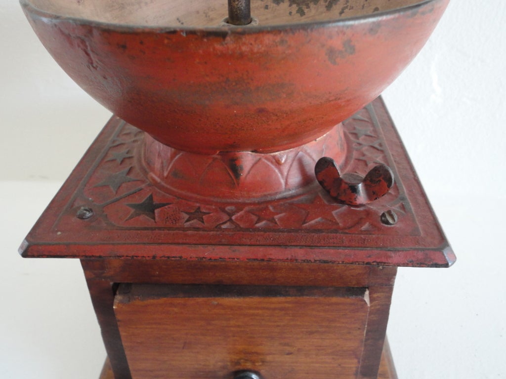 Carved Fantastic Large Tabletop Coffee Grinder with Original Salmon Paint
