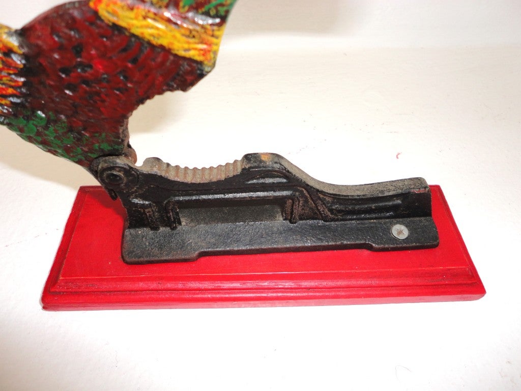 American Early Pollychrome Origin Painted Iron & Wood Roster  Nut Cracker For Sale