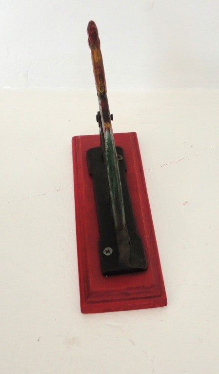Early Pollychrome Origin Painted Iron & Wood Roster  Nut Cracker In Good Condition For Sale In Los Angeles, CA