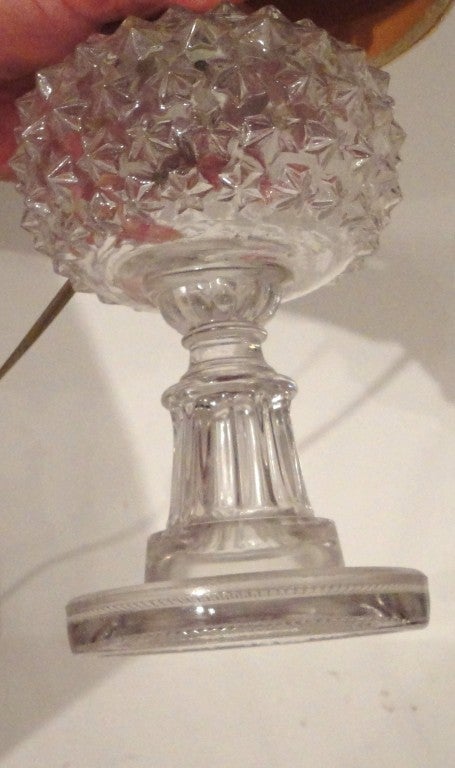 American 19thc Hobnail Pattern Glass Oil Lamp, Electrified w/ Crewl Shade