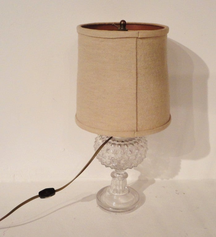 Brass 19thc Hobnail Pattern Glass Oil Lamp, Electrified w/ Crewl Shade