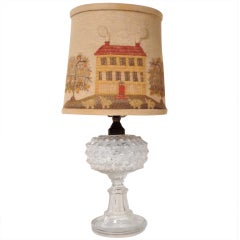 Vintage 19thc Hobnail Pattern Glass Oil Lamp, Electrified w/ Crewl Shade