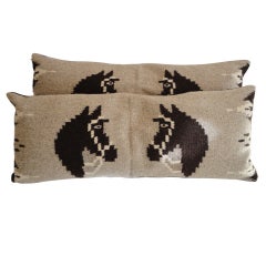 Vintage Pictorial Indian Weaving Bolster pillows w/ Double Horse Heads