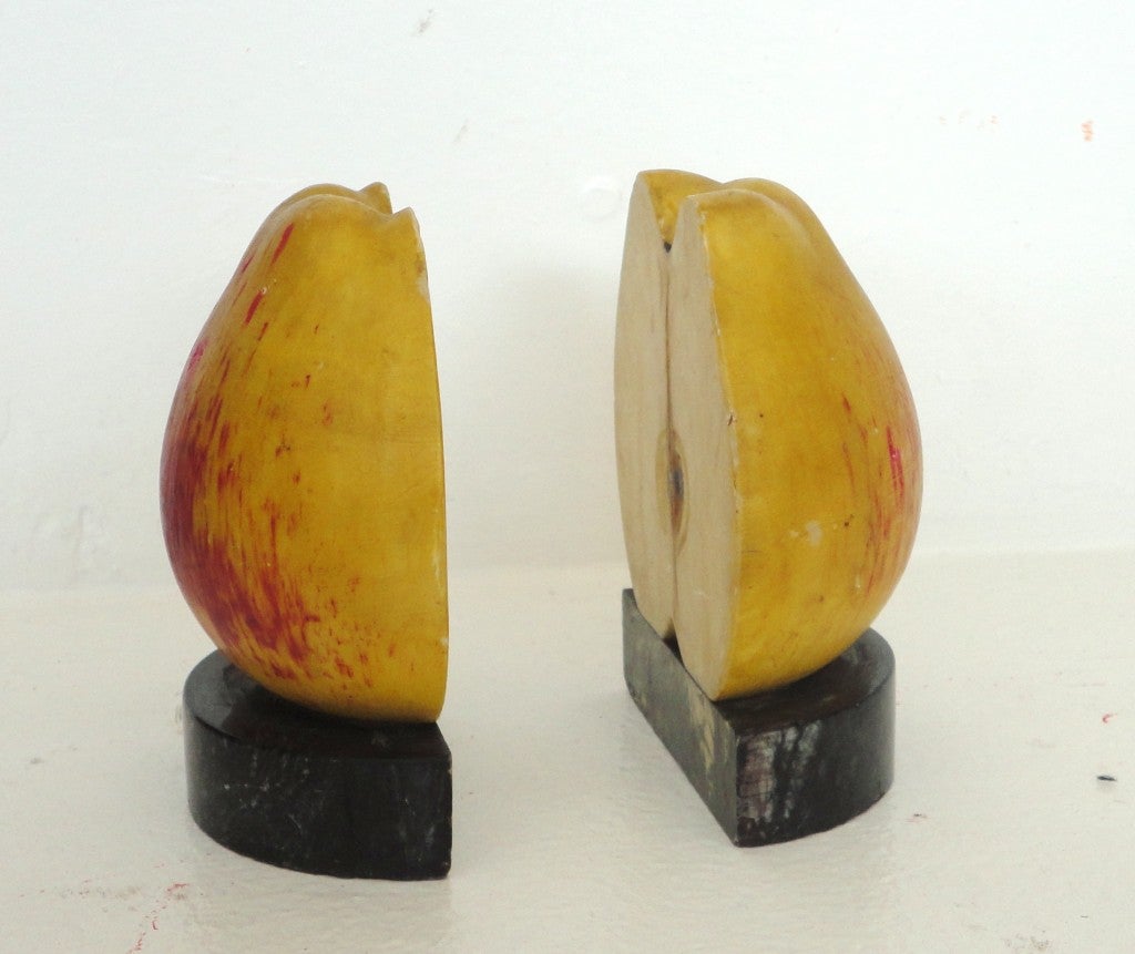 American Pair of Rare Original Painted Stone Fruit Large Half Apple Bookends