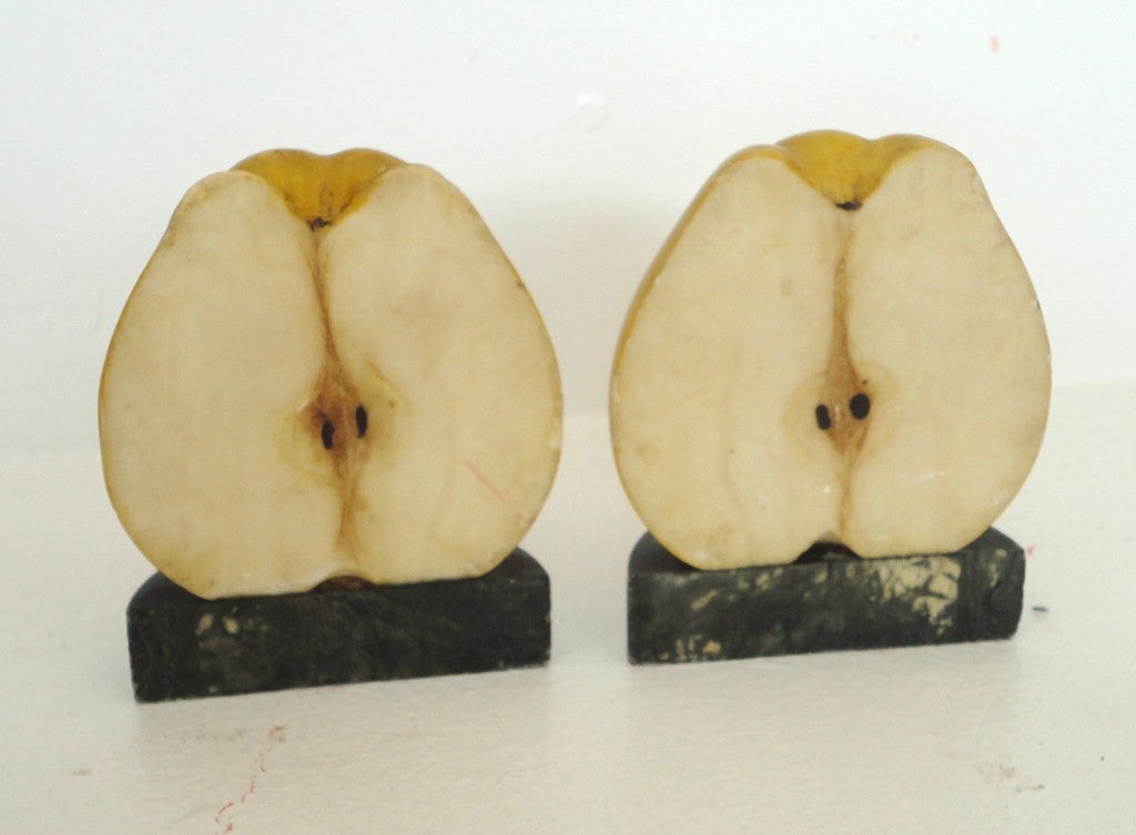 Pair of Rare Original Painted Stone Fruit Large Half Apple Bookends 1