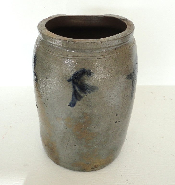 19th Century 19thc Decorated Stoneware Salt Glaze Crock From Pennsylvania