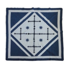 Fantastic 19th Century Blue and White Unusual Center Square Pattern Quilt