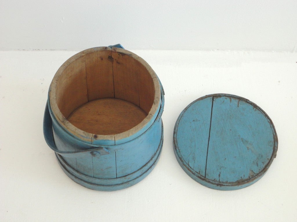 Pine 19thc Blue Painted Firkin From New England