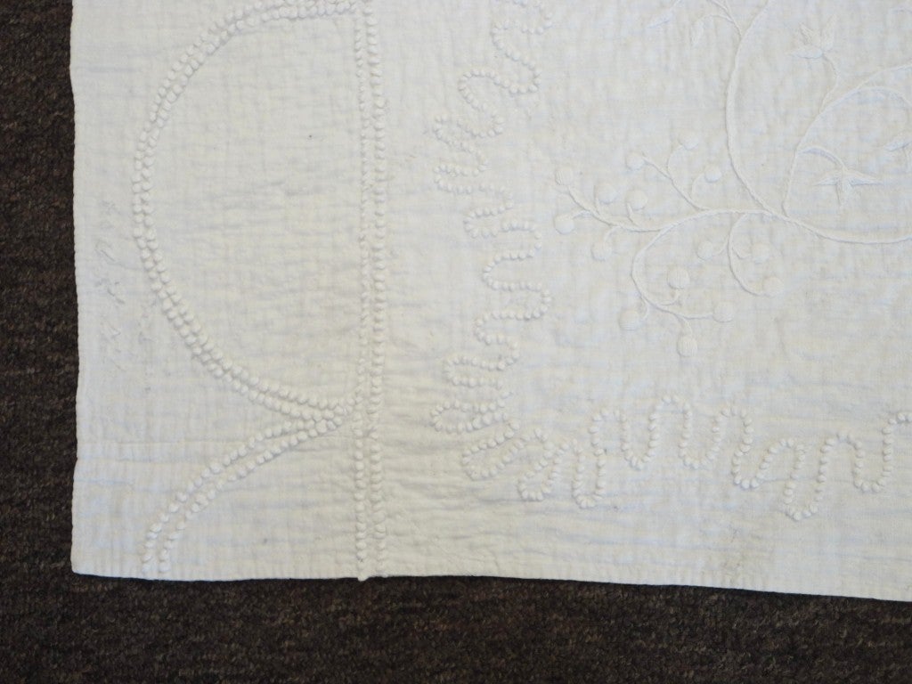 19th Century Rare & Early Signed & Dated 1858 Trapunto/Candlewick Quilt