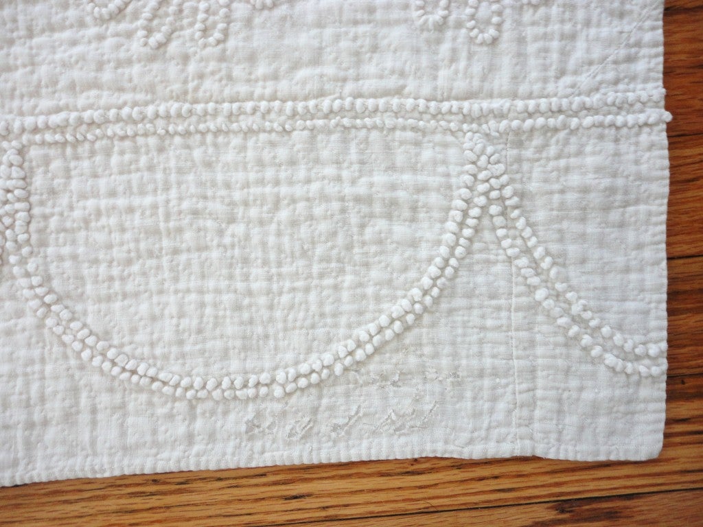 Cotton Rare & Early Signed & Dated 1858 Trapunto/Candlewick Quilt