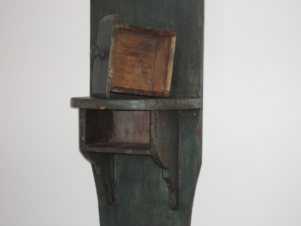 18th Century and Earlier 19th Century Original Green Painted Tall Folky Wall Shelf with Drawer