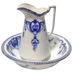 19th Century Flow Blue Pitcher and Bowl 10