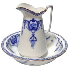 19th Century Flow Blue Pitcher and Bowl