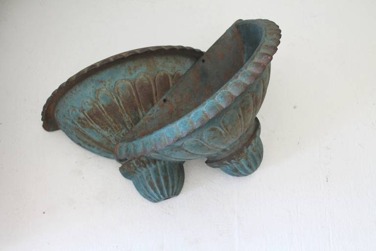 American 19th Century Original Robin Egg Blue Painted Iron Wall Urns