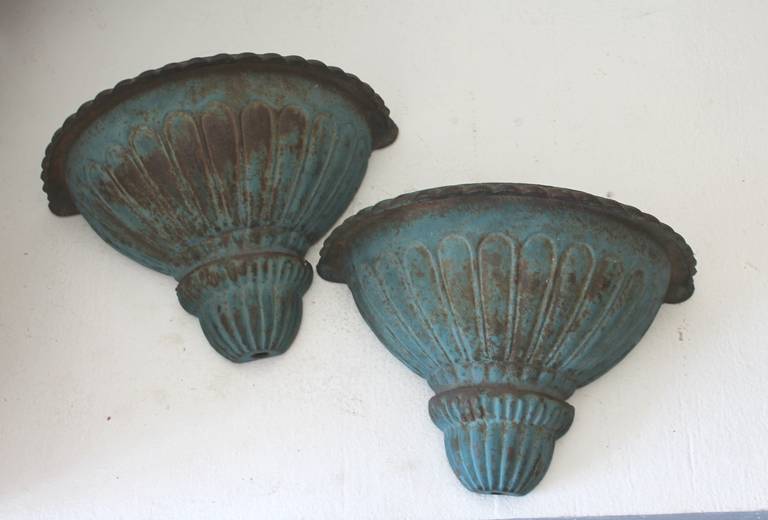 19th Century Original Robin Egg Blue Painted Iron Wall Urns In Excellent Condition In Los Angeles, CA