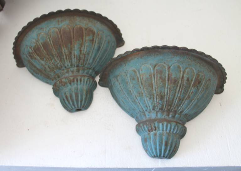 19th Century Original Robin Egg Blue Painted Iron Wall Urns 4