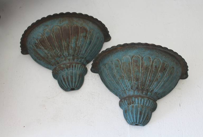 19th Century Original Robin Egg Blue Painted Iron Wall Urns 3