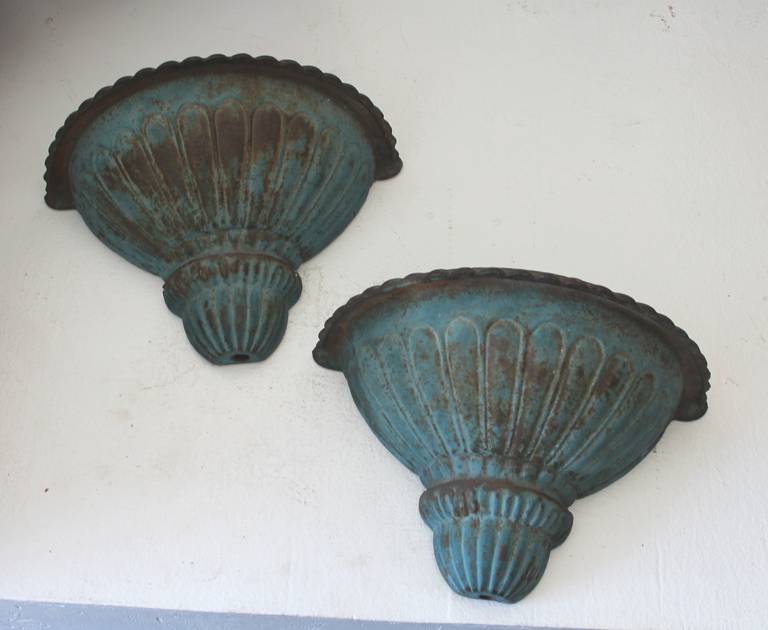 19th Century Original Robin Egg Blue Painted Iron Wall Urns 2