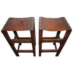 Spanish Hand-Carved Wood with Original Leather Seats