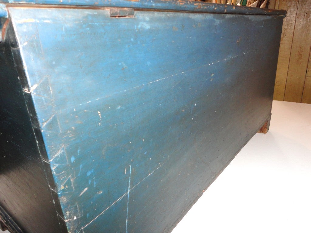 Pine Early 19thc Original Blue Painted Blanket Chest From Pennsylvania