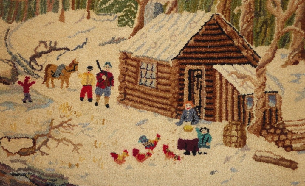 1930's Folky New England Log Cabin Snow Scene Mounted Hooked Rug 5