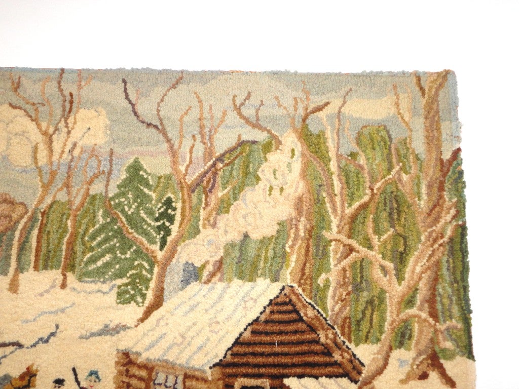 1930's wonderful and charming log cabin snow scene hand hooked pictorial rug on stretcher frame.This great folk art rug is ready for hanging and the condition is great.