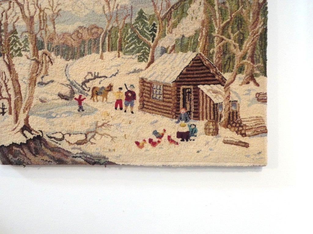 American 1930's Folky New England Log Cabin Snow Scene Mounted Hooked Rug