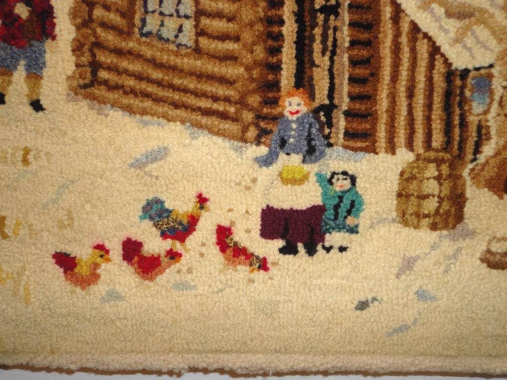 Wool 1930's Folky New England Log Cabin Snow Scene Mounted Hooked Rug