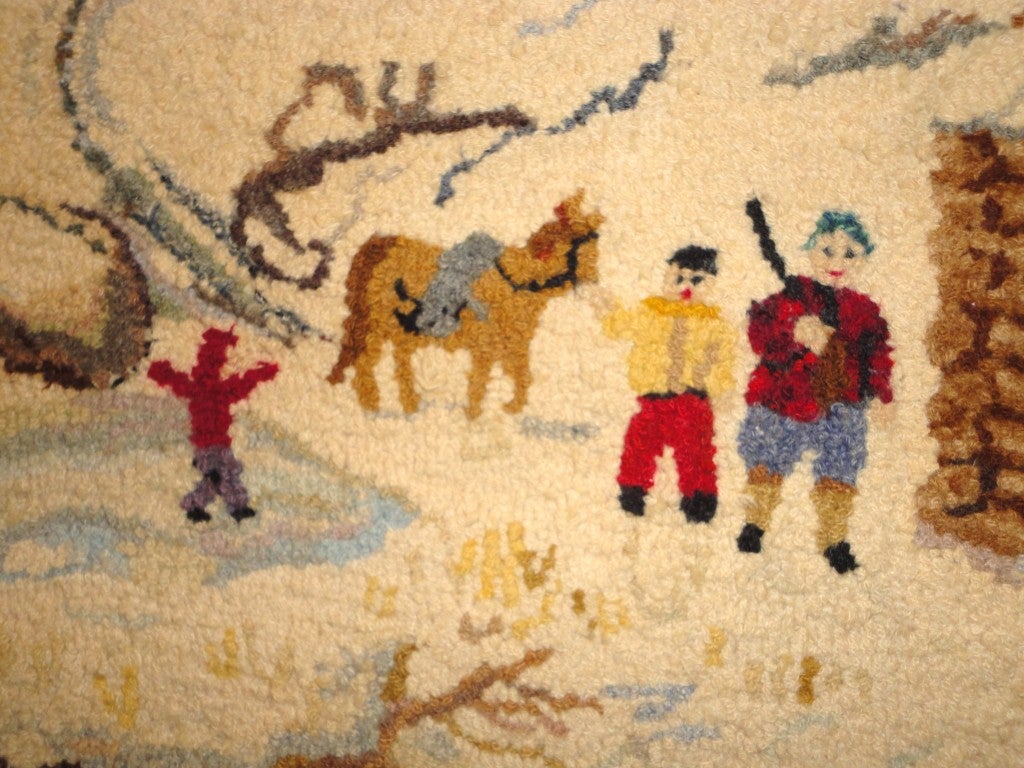 1930's Folky New England Log Cabin Snow Scene Mounted Hooked Rug at 1stDibs