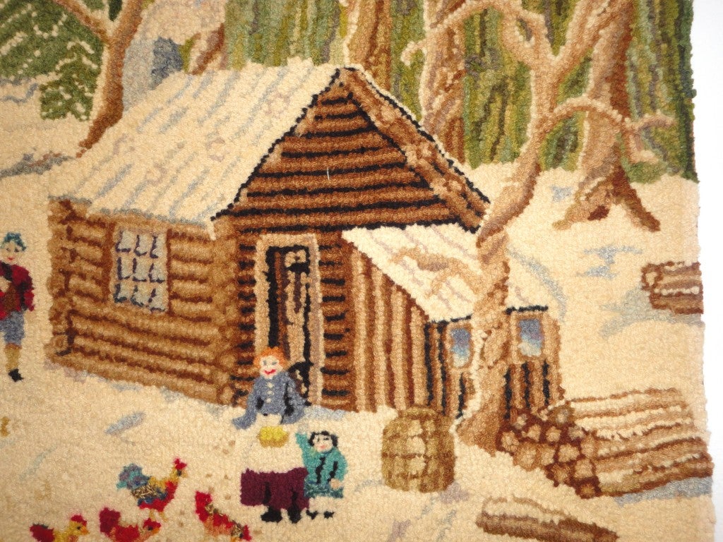 1930's Folky New England Log Cabin Snow Scene Mounted Hooked Rug 2