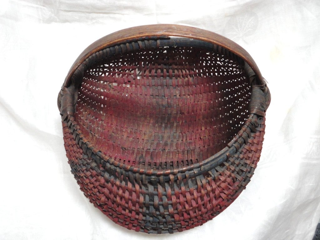 19thc Original Painted Red & Blue Buttocks Basket